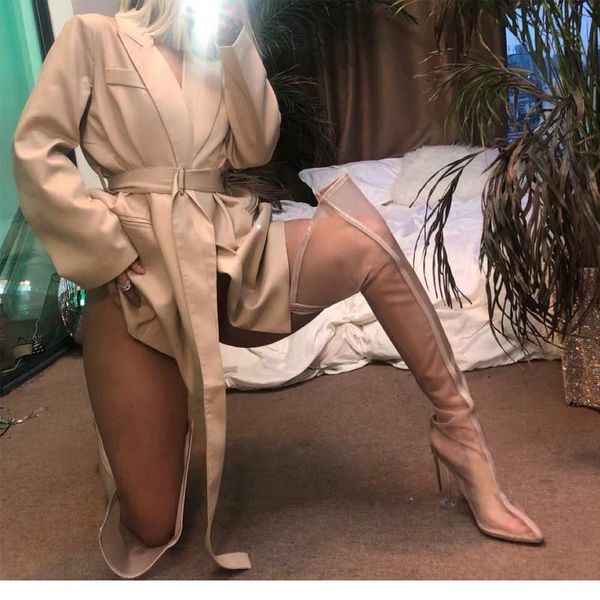

boots 2021summer mesh over the knee pointed toe sandal women fashion high heels shoes woman thigh botines mujer, Black