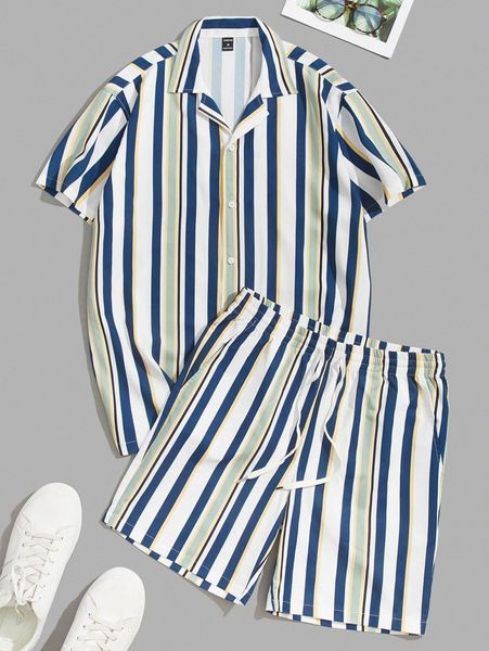 

men striped print shirt and shorts set h5hm#, Gray