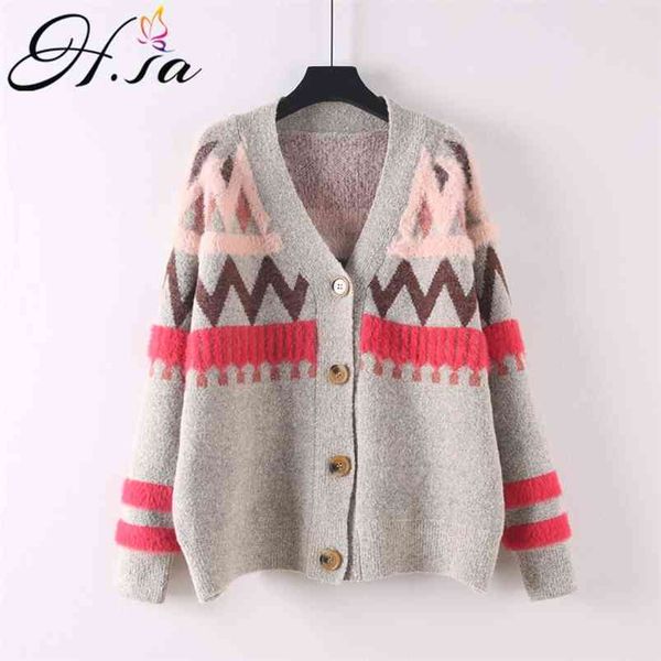 

women sweater and cardigans v neck retro loose poncho button warm knit coat geometric jumpers casual outerwear 210430, White