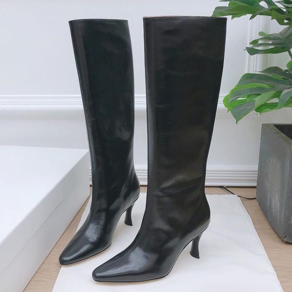 

boots luxury fashion solid high heels autumn winter brand design point toe women shoes vintage knee-length slip-on female, Black