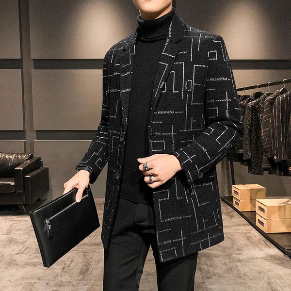 

men's wool & blends 2021 winter trench coat men geometric print casual slim business windbreaker jacket social streetwear overcoat, Black