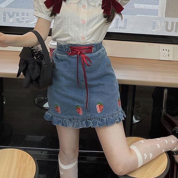 

summer strawberry embroidered denim korean womens skirts sweet cute high waist casual mini y2k harajuku kawaii a line, Black