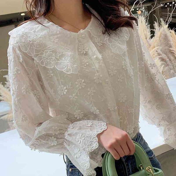 

long sleeve women shirt blouse blusas mujer de moda doll collar lace blusa clothes e555 210602, White