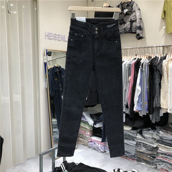 

kog691 shiny black tall waist ar / add wool] [black jeans show high female nine points new winter fashion show foot trousers, Blue