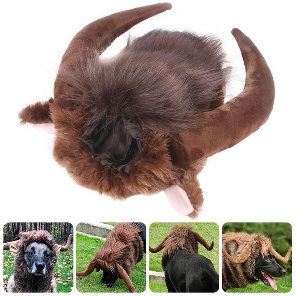 

cat costumes bull horn wig pet dog costume funny cosplay headdress realistic headgear hats clothing for holiday party decor