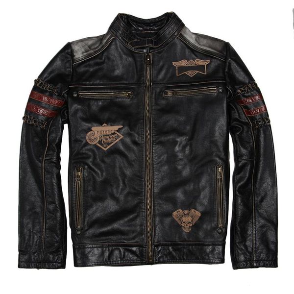 

men's leather & faux motorcycle jacket genuine cowhide calf skin black slim male coat 094