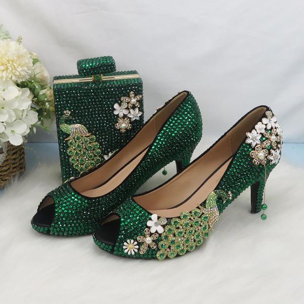 

dress shoes 2021 arrival green crystal women wedding with matching bags peep toe high pumps fashion open and purse, Black