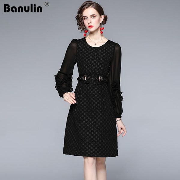

casual dresses banulin autumn runway designer women elegant mesh splicing midi dress lady office party robe femme vintage little black, Black;gray