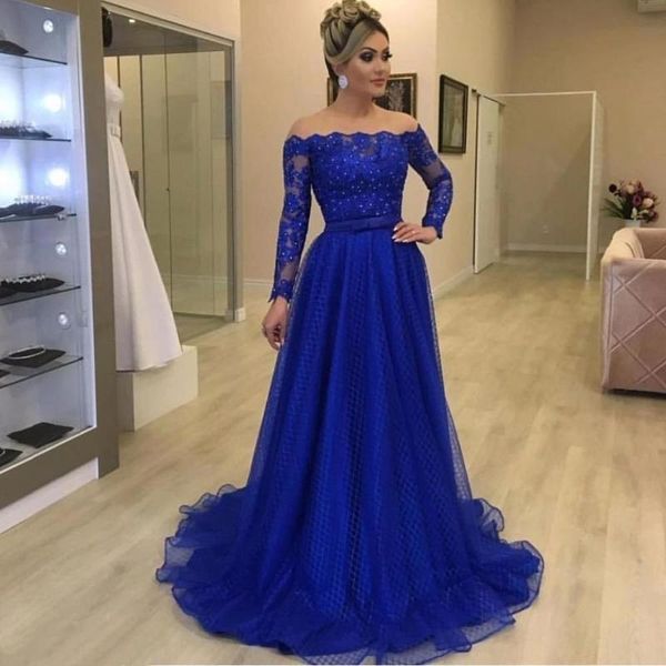 

party dresses amazing royal blue off the shoulder a line prom bridesmaid illusion long sleeves tulle beaded pageant formal gowns, White;black