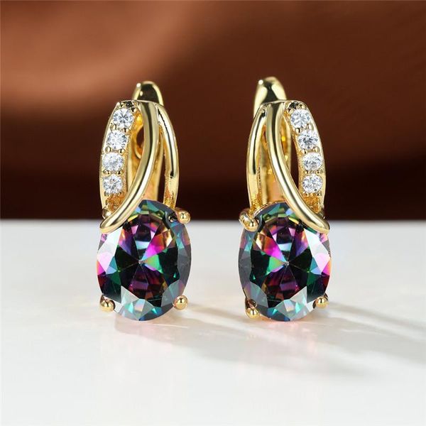 

hoop & huggie rainbow crystal multicolor stone earrings elegant pink zircon boho gold color oval for women wedding gift, Golden;silver