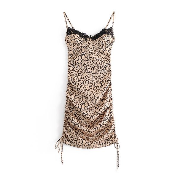 

slim women v neck leopard derss summer fashion ladies female lace stitching drawstring pleated sling mini dress 210515, Black;gray