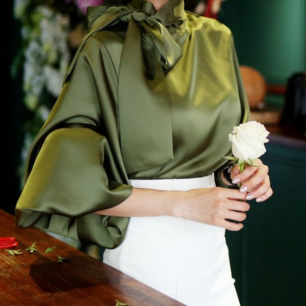 

[ewq] spring women fashion causal elegante blouse lace up bow collar long lantern sleeve minimalist loose shirt 8y465 210423, White