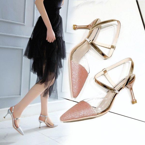 

red sandals baotou wedding shoe super fire word cingulate heels han edition joker roman fine with shoes, Black