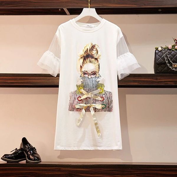 

tracksuits s-4xl plus size summer women t-shirt fashion beading spectacles girl print mesh patchwork flare sleeve vestidos, Gray