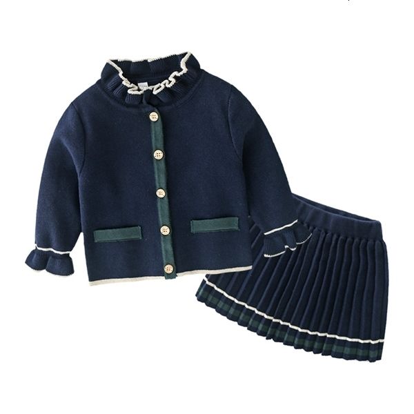 

clothing sets two piece baby girl clothes navy knitted long sleeve cardigan + pleated skirt set 0927, White