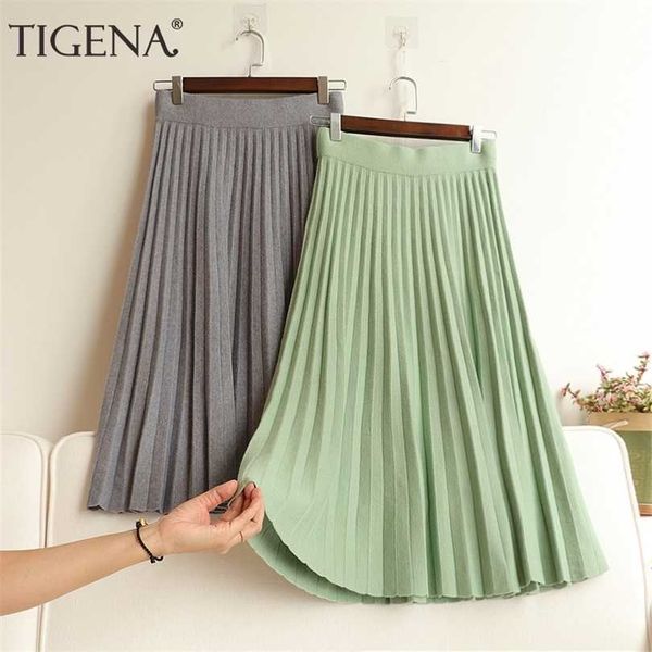 

tigena korean school knit midi skirt women fashion autumn winter casual knee length high waist pleated female green 211112, Black