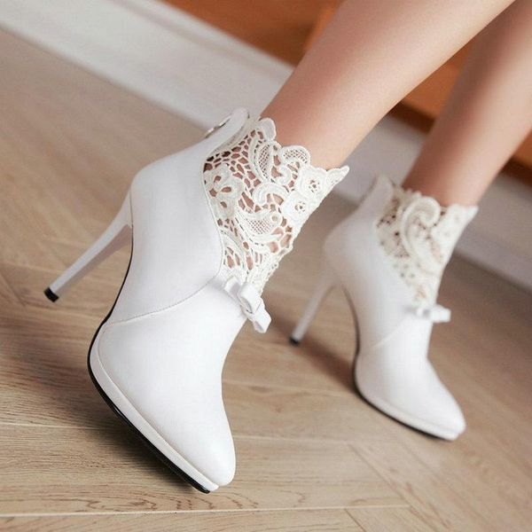 

boots sianie tianie 2021 autumn lace ruffles design ladies pumps white red 10cm super thin high heels booties women ankle, Black