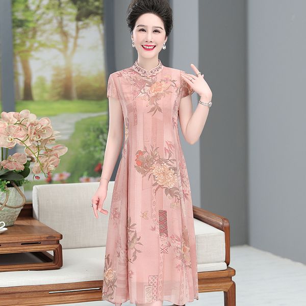 

luxury cheongsam 's foreign style chiffon improved cheongsam drs 40 year old middle-aged woman's summer temperament covered belly, Blue;red