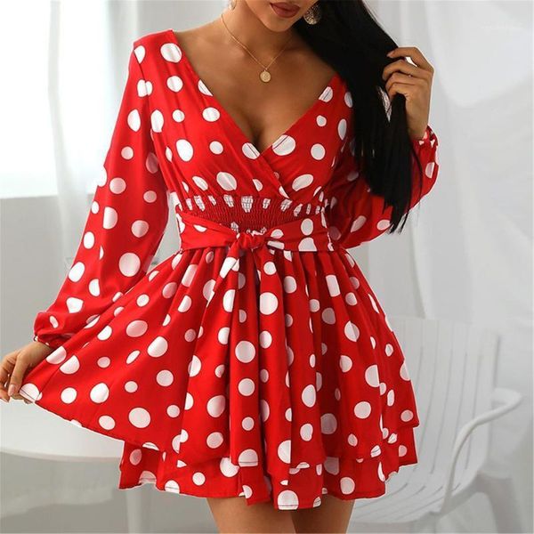 

casual dresses 2021 polka dot print autumn pleated dress women v-neck high waist sashes mini ladies holiday beach vestidos, Black;gray