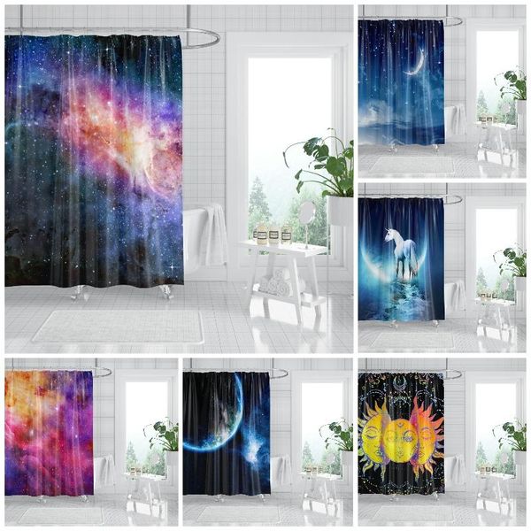 Cortinas de chuveiro universo galáxia cortina branca padrão padrão ecológico