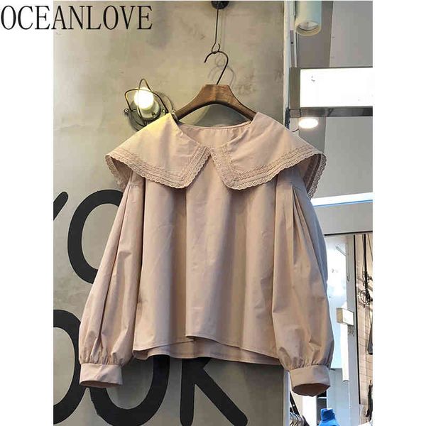 

women shirts solid peter pan collar kawaii sweet spring autumn blouses korean blusas lantern sleeve 19558 210415, White