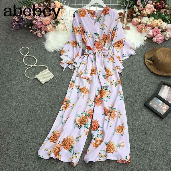 

summer fashion all-match v-neck flared sleeve jumpsuits waist strap lace up casual wide leg 210512, Black;white