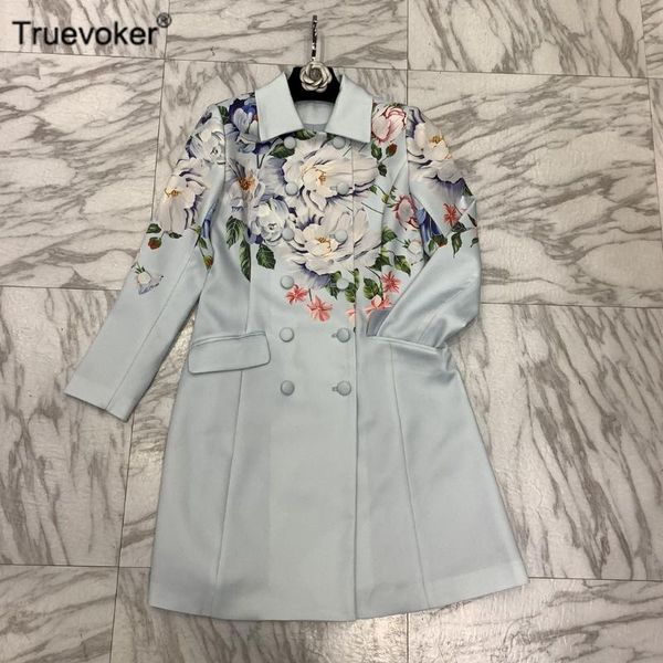 

women's trench coats truevoker autumn runway designer coat women long sleeve turn down collar noble blue floral print outerwear, Tan;black