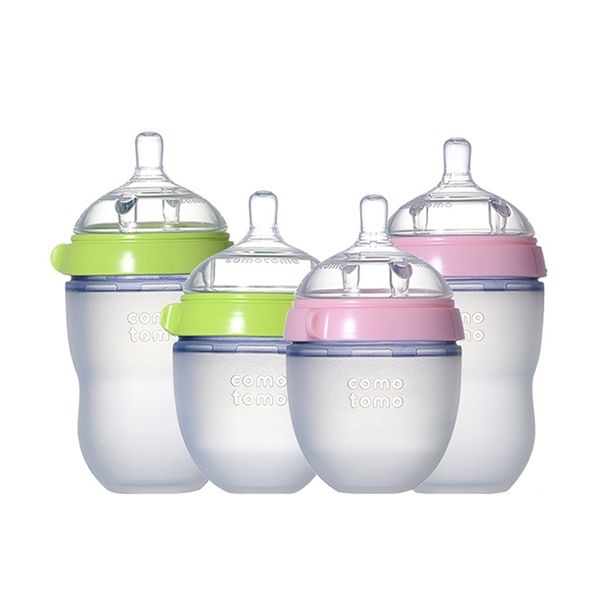 Silikon-Babyflasche, grün/rosa, 5 Unzen und 8 Unzen, 2er-Pack, eine kostenlose Flasche (Löffelbonus) für Kinder 211023