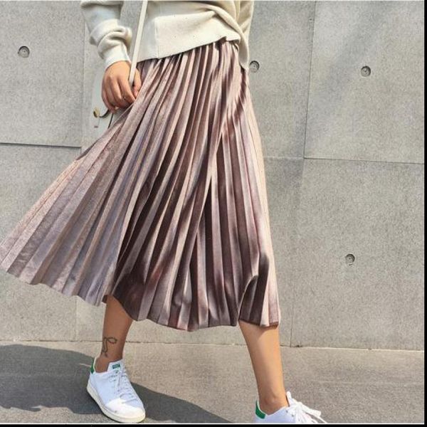 

spring summer women skirt midi long metallic silver maxi pleated high waist elascity casual party vintage, Black