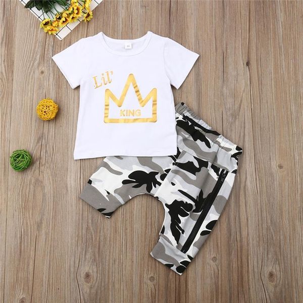 

summer toddler baby kid boy clothes king t shirt camo pants sport set outfits casual 1 5 years, White