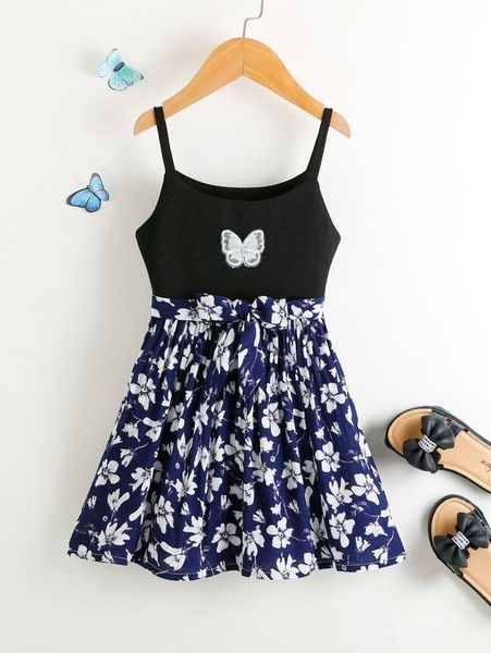 

toddler girls floral print butterfly embroidery belted cami dress she, Red;yellow