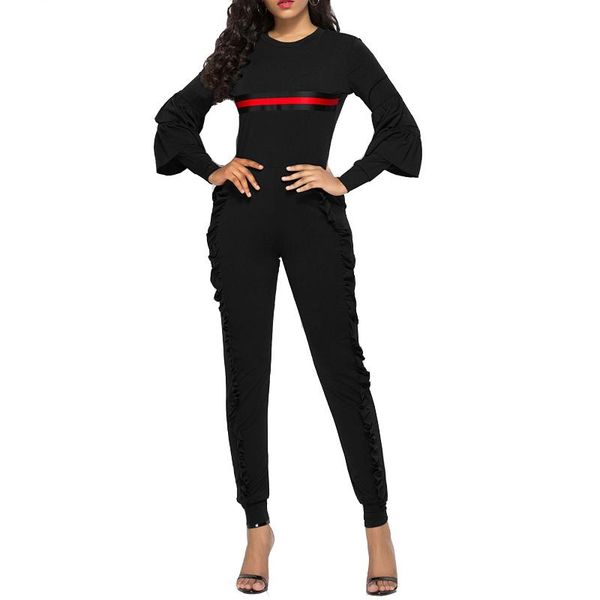 

women's jumpsuits & rompers skinny women jumpsuit autumn winter long sleeve ruffles black for office lady elegant playsuit pants, Black;white