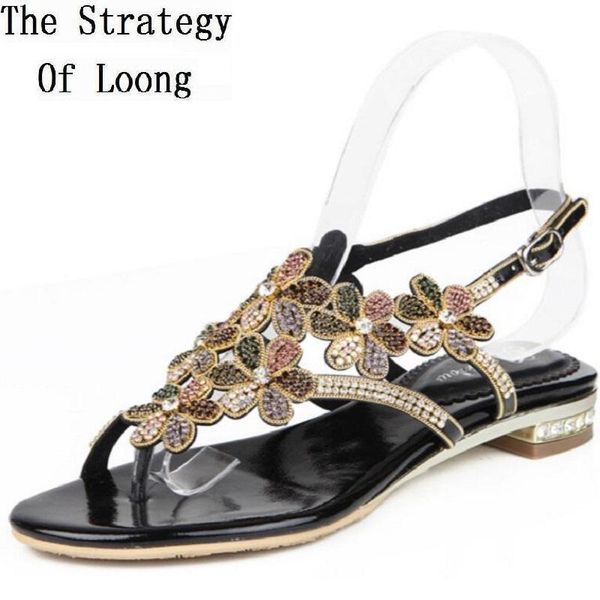

women genuine leather flat heels crystal sandals arrival lady big size sheepskin summer shoes 20210713, Black