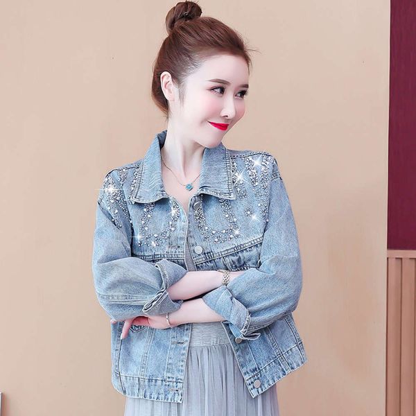 

autumn heavy industry beaded denim long sleeve jacket women's jacket, Black;brown