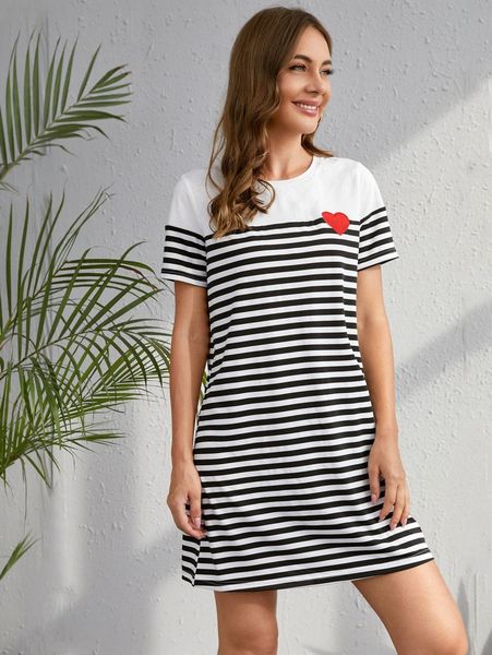 

embroidery heart striped colorblock dress h6ra#, Black;gray