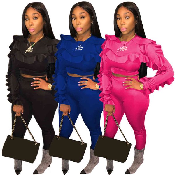 

women's sweet ruffle sleeve women tracksuits fashion fall sets 3 colors plus size womens two piece set, Gray