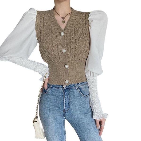 

women's knits & tees vintage knitted cardigan sweater lantern long sleeve patchwork slim crop korean fashion v neck women clothes, White