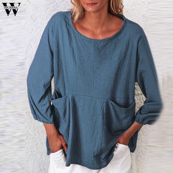 

plus size women's blouse casual cotton solid color pullover o-neck lightweight long sleeve pocket shirt female loose blouses & shirts, White