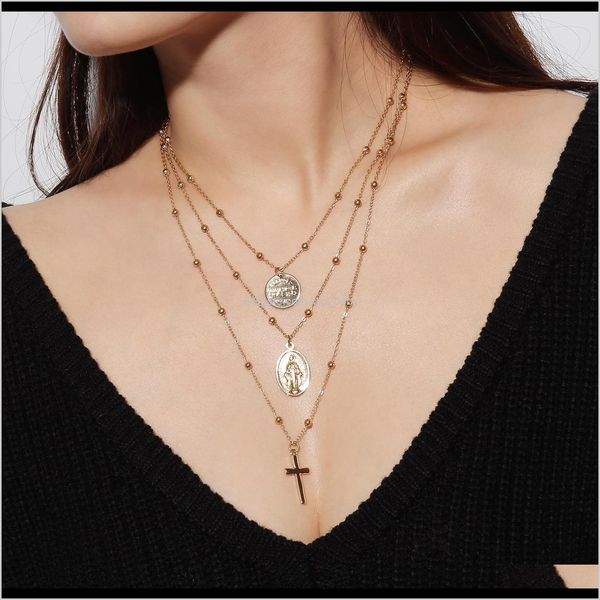 Stränge, Schnüre Halsketten Anhänger Drop Lieferung 2021 Bohemian Layered Gold Jesus Maria Münze Kreuz Anhänger Halskette Frauen Statement Kupfer