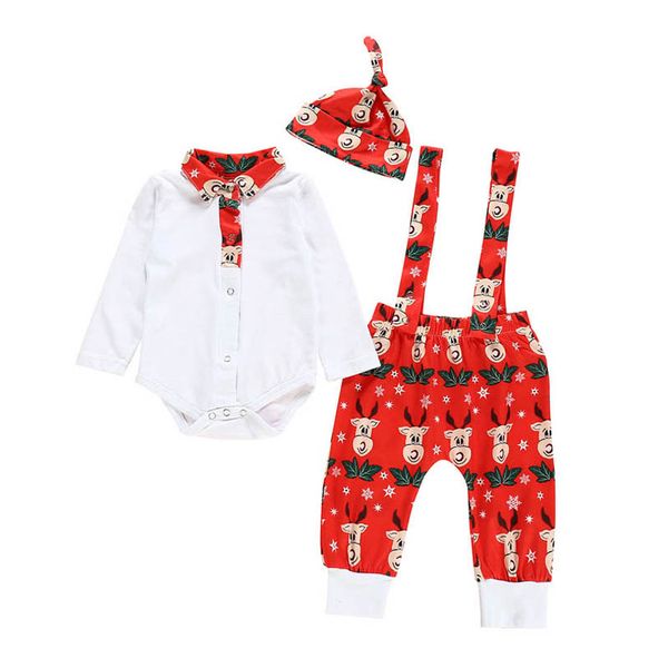 

christmas newborn outfits boys clothing sets baby clothes infant suits long-sleeved romper jumpsuit suspender trousers hats 3pcs b8483, White