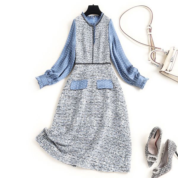 

casual dresses fall winter long sleeve round neck blue retro polka dot tweed panelled knee-length dress elegant on01l659 9wtw, Black;gray