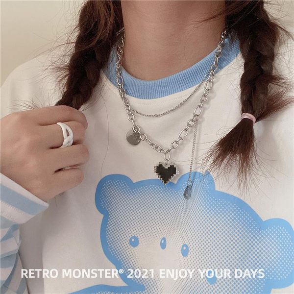 

chains titanium steel necklace girl's heart design double layer love pendant hip hop pendants for lovers, Silver