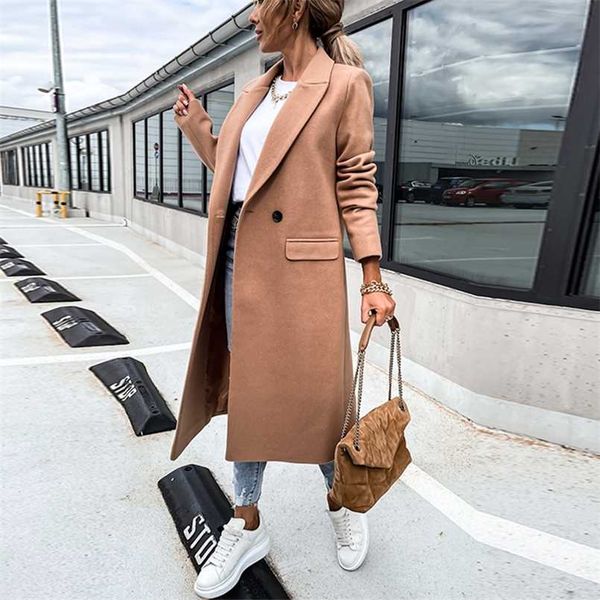 

elegant turn-down collar women outwear fashion double breasted autumn winter long cardigan ol style solid warm woolen coat 211110, Black