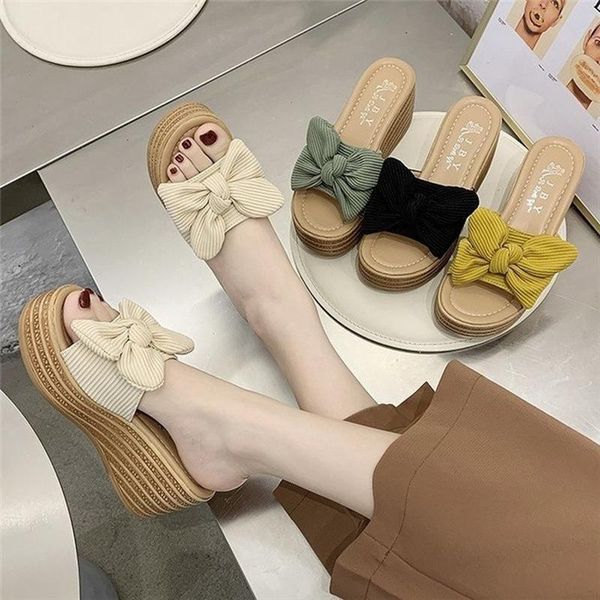 

plus size round toe peep bowknot wedegs slippers 2021 summer fashion women's shoes outdoor travel thick bottom sandals, Black