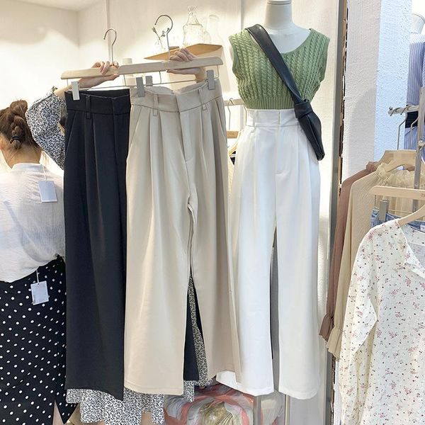 

south korea 2021 spring women's wear korean version net red color loose and versatile high waist slim casual straight pants & capris, Black;white