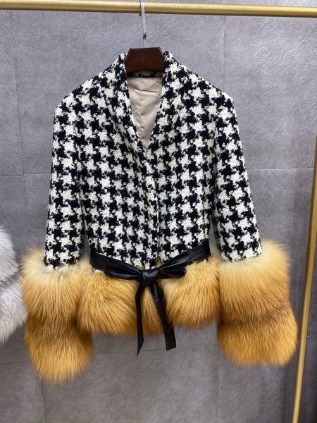 

women's fur & faux female winter houndstooth natural real v-neck cardigan fashion leather stitching design furry jacket women, Black