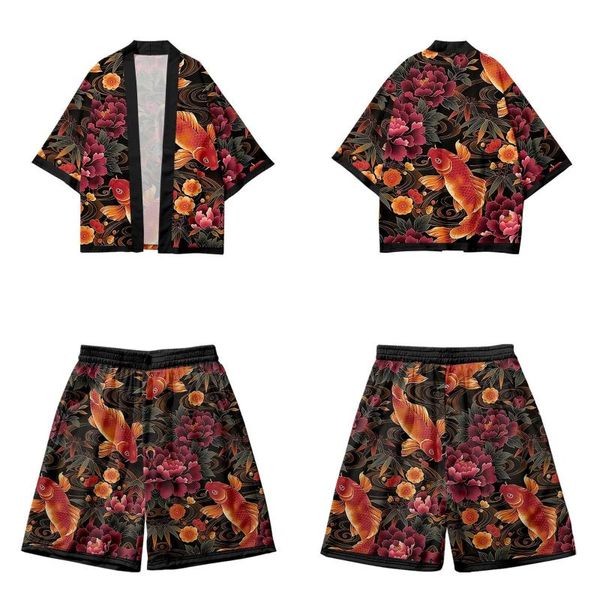 

ethnic clothing yukata men fashion floral and carp print cardigan shorts set haori obi asian clothes harajuku japanese cosplay kimono, Red