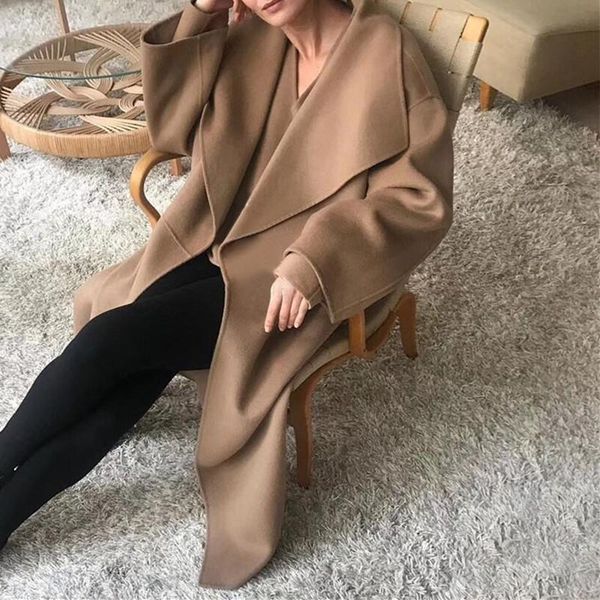 

women's wool & blends women double-sided woolen mid-length coat autumn winter 2021 loose long sleeve ladies side slit jacket femme fash, Black