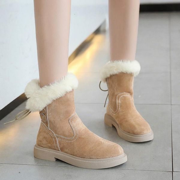 

autumn winter 2021 warm plush inside women ankle fashion snow boots female ladies flat heels casual slip on short lzff, Black
