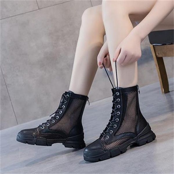 

boots summer fashion mesh hollow out women genuine leather female ankle lace up shoes woman platform sandals, Black